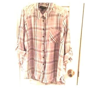 Plaid button-down top with lace accents